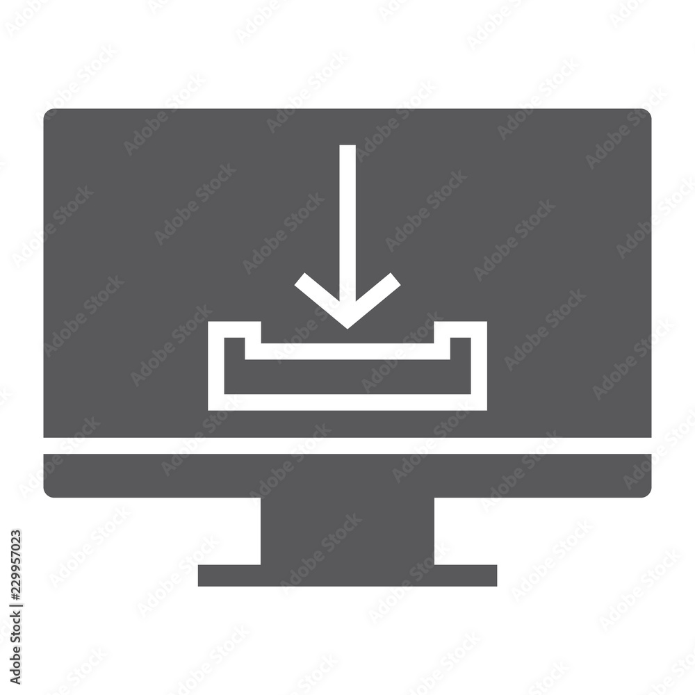 Download glyph icon, computer and downloading, arrow sign, vector graphics, a solid pattern on a white background. Download glyph icon, computer and downloading, arrow sign, vector graphics, a solid pattern on a white background.