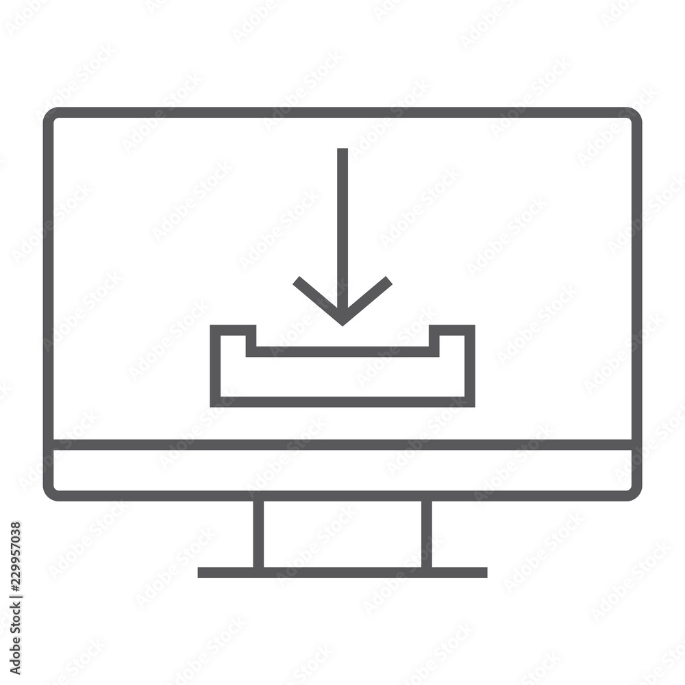 Fototapeta premium Download thin line icon, computer and downloading, arrow sign, vector graphics, a linear pattern on a white background.