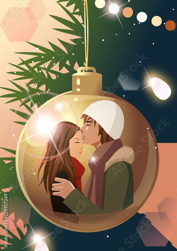 Side profile of a man kissing a woman reflected on a Christmas ornament