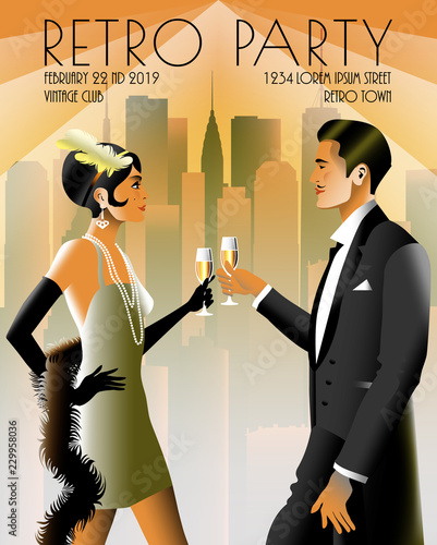 Couple at a party in the style of the early 20th century. Retro party invitation card. Handmade drawing vector illustration. Art Deco style.