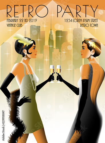 2 Flapper Girls at a party in the style of the early 20th century. Retro party invitation card. Handmade drawing vector illustration. Art Deco style.