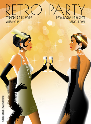 2 Flapper Girls at a party in the style of the early 20th century. Retro party invitation card. Handmade drawing vector illustration. Art Deco style.