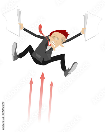 Frightened businessman and arrow signs concept illustration. Frightened man with bag and papers falling down on the sharp arrows isolated on white   
