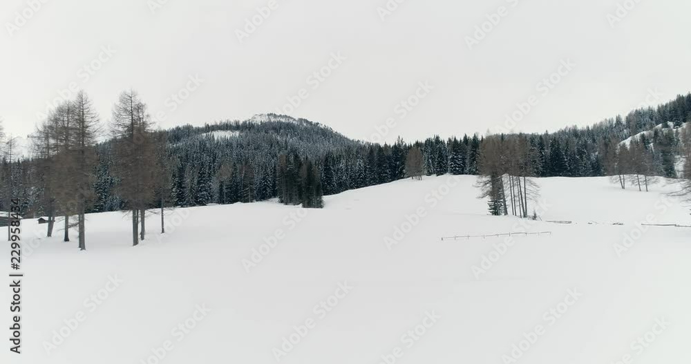 Backward aerial over snowy plain with woods forest.Cloudy bad overcast weather.Winter Dolomites Italian Alps mountains outdoor nature establisher.4k drone flight establishing shot Backward aerial over snowy plain with woods forest.Cloudy bad overcast weather.Winter Dolomites Italian Alps mountains outdoor nature establisher.4k drone flight establishing shot
