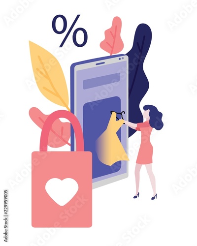 Online shopping with discount concept - young woman taking dress from application of internet store on big smartphone isolated on white background in flat vector illustration.