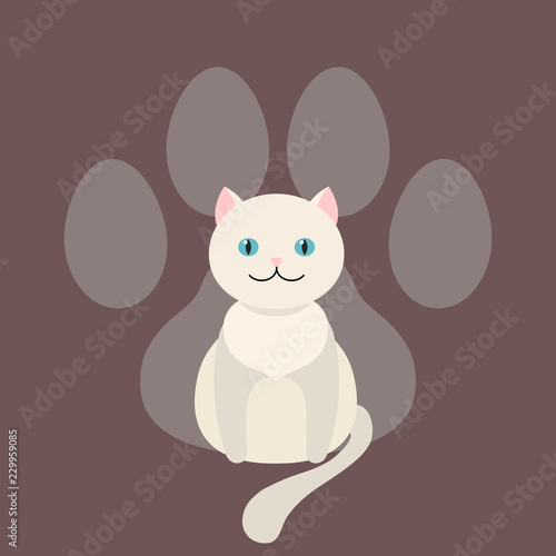 White cat sits dangling his tail. Vector. Cartoon pet.
