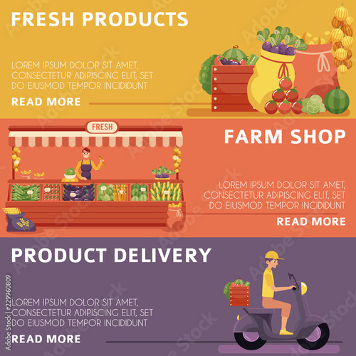 Cartoon local farmer market products, stores and delivery banners set. Wooden store with vegetables, smiling seller man holding carrot, fresh harvest vegetables in bags, delivery man riding scooter