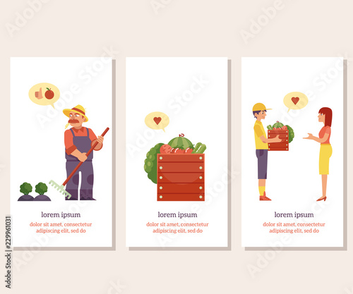 Vector farm products live circle stages banners set. Vegetables are collected by farmer and gathered into wooden box and delivered by delivery man to a woman