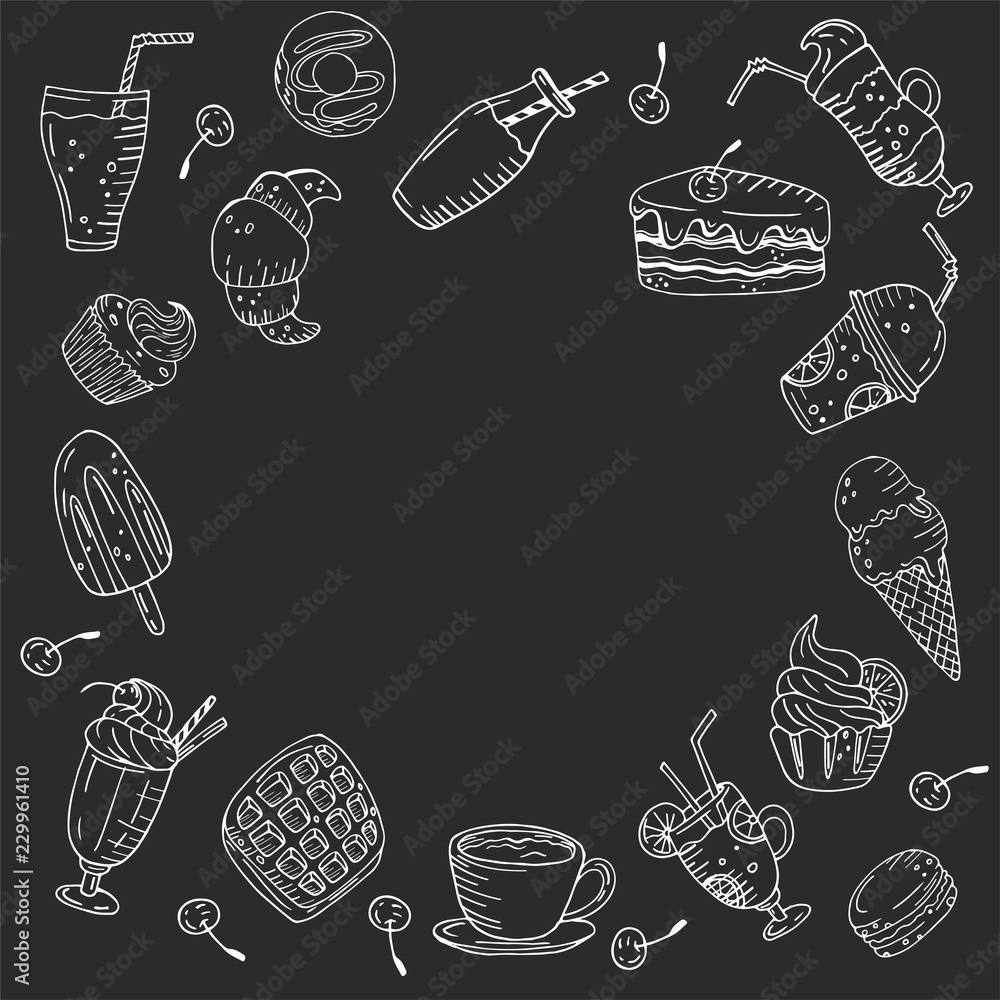 Circle made of elements. Hand drawn food and drinks on a chalkboard background