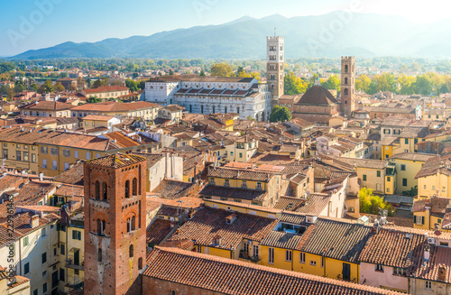 Panoramic sight from Torre delle Ore in Lucca, with the Duomo of San Martino in background. Tuscany, Italy.