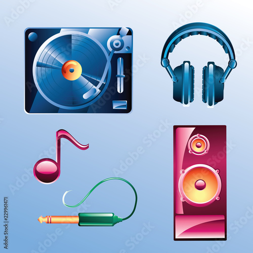 Turntable, speaker, headphones, note and interconnect jack - bright musical icons