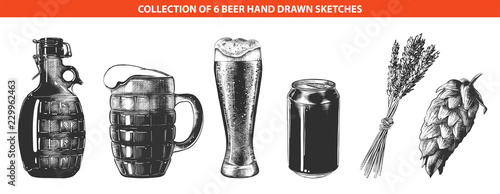 Vector engraved style beer collection for posters, decoration and print. Hand drawn sketches of in monochrome isolated on white background. Detailed vintage woodcut style drawing.
