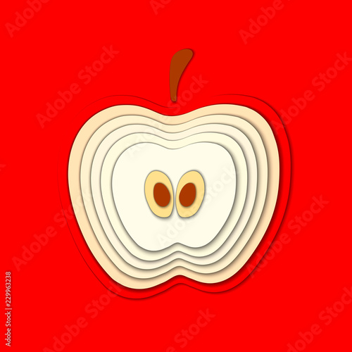 Vector paper cut red apple, cut shapes. 3D abstract paper art style, origami concept design, food packaging, advertising, detox, cosmetics, healthy eating.