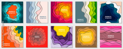 Vector collection of 10 backgrounds with colorful paper cut shapes. 3D abstract paper art style, design layout for business presentations, flyers, posters, prints, decoration, cards, brochure