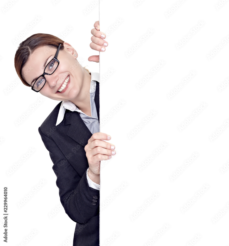portrait of a young business woman holding a blank paper sign portrait of a young business woman holding a blank paper sign