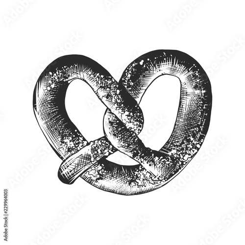Vector engraved style illustration for posters, decoration and print. Hand drawn sketch of pretzel with sesame in monochrome isolated on white background. Detailed vintage woodcut style drawing.