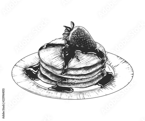 Vector engraved style illustration for posters, decoration and print. Hand drawn sketch of pancakes on the plate in monochrome isolated on white background. Detailed vintage woodcut style drawing.