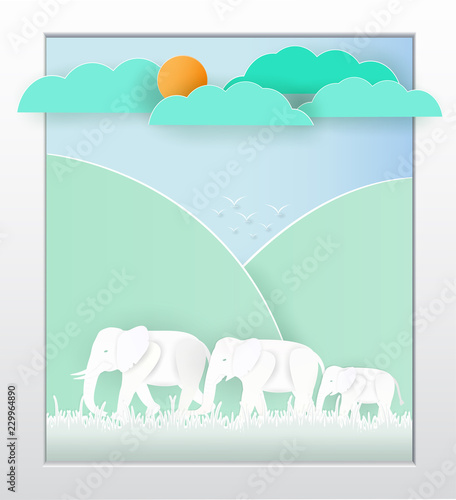 Vector nature and wildlife that is an elephant.And views of the landscape and the colors are beautiful and a papercut and used as wallpaper.