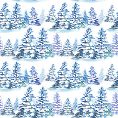 Fototapete Waldmuster Verschneite Tannen Aquarell Wintermuster  © JeannaDraw
