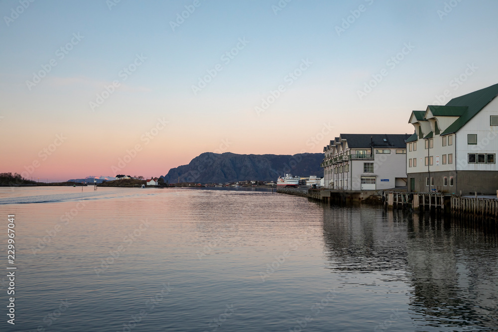Sunset in Brønnøysund harbor area, Northern Norway, Colorful evening in the harbor Sunset in Brønnøysund harbor area, Northern Norway, Colorful evening in the harbor
