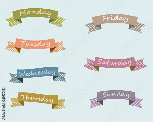 Seven colorful vintage ribbons in the style of" Provence " in stripes on the blue background. On each ribbon was written the day of the week. Vector illustration