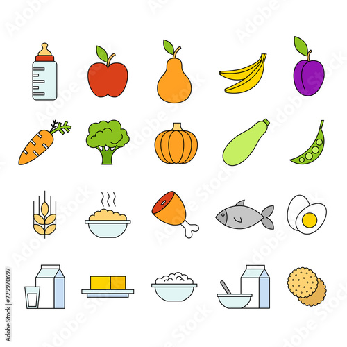 Organic food for babies vector set. Healthy meal for children. Cartoon set with isolated fruits, vegetables, meat, milk. Kid's menu infographic.
