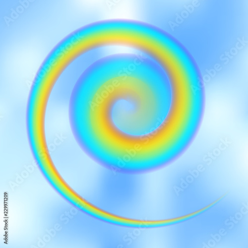 Spiral twisted rainbow in the blue sky among the light clouds. Rain bow vortex realistic vector illustration with mesh brushes included