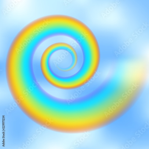 Spiral twisted rainbow in the blue sky among the light clouds. Rain bow vortex realistic vector illustration with mesh brushes included