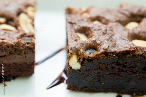 Brownies  with almond in restaurant.