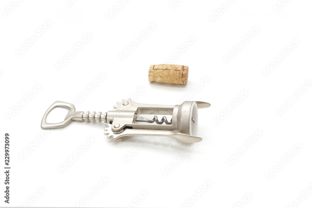 Corkscrew with cork on a white background Corkscrew with cork on a white background