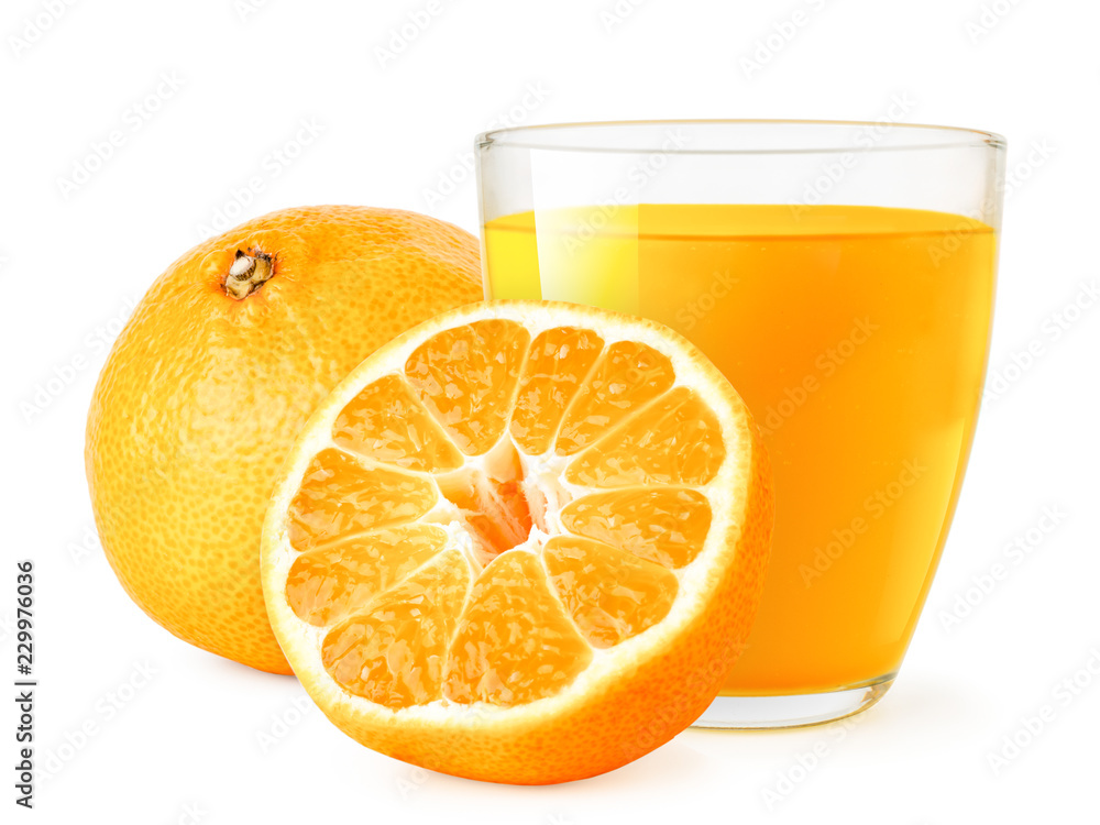 Ripe tangerines and a glass of juice close up on a white. Isolated Ripe tangerines and a glass of juice close up on a white. Isolated