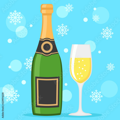 A bottle of champagne and a filled glass.