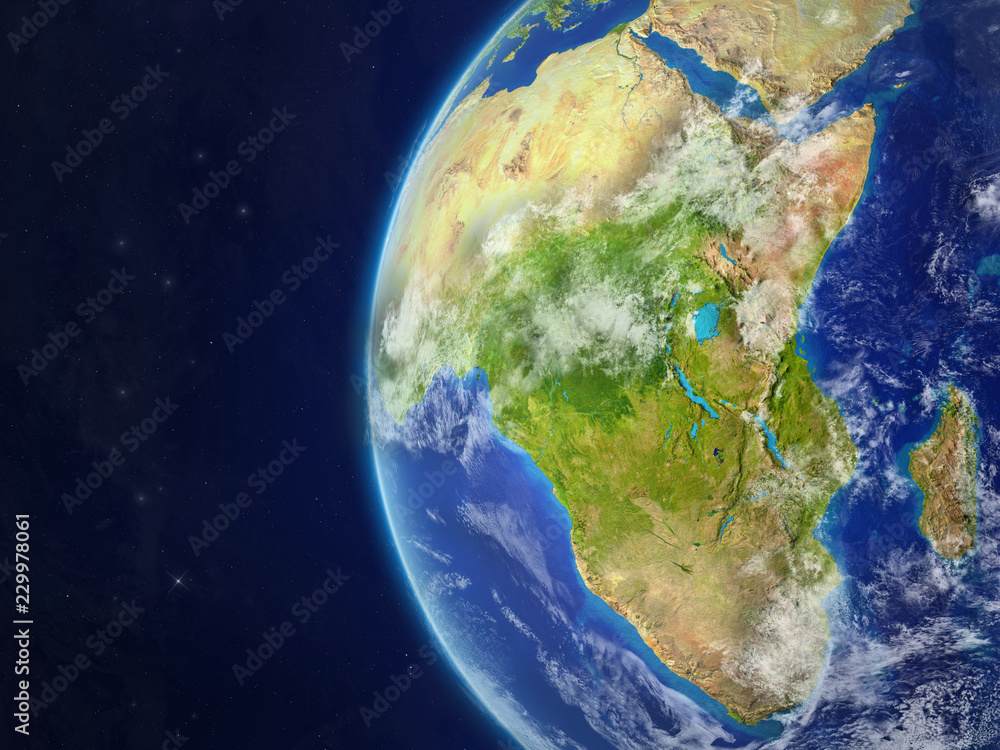 Africa from space on beautiful model of planet Earth with very detailed planet surface and clouds.