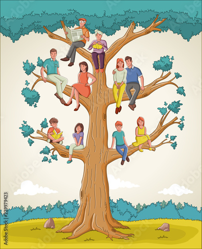 Family tree with people. Cartoon family on genealogical tree.  