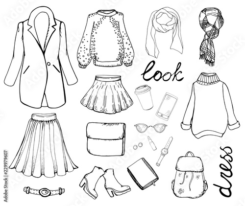 Hand drwan set of isolated elements of female clothing and accessories in graphic on white background. Unique pretty style, casual wardrobe in vector