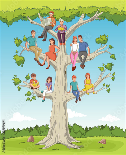Family tree with people. Cartoon family on genealogical tree.

