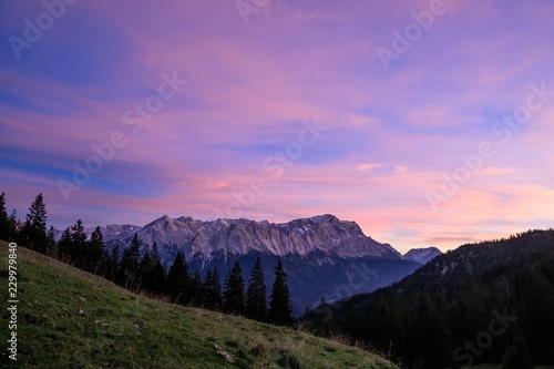 Mountain chain, forest and meadow at sunset