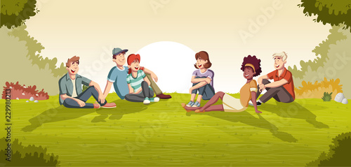 Green park landscape with cartoon teenagers seated on the grass.