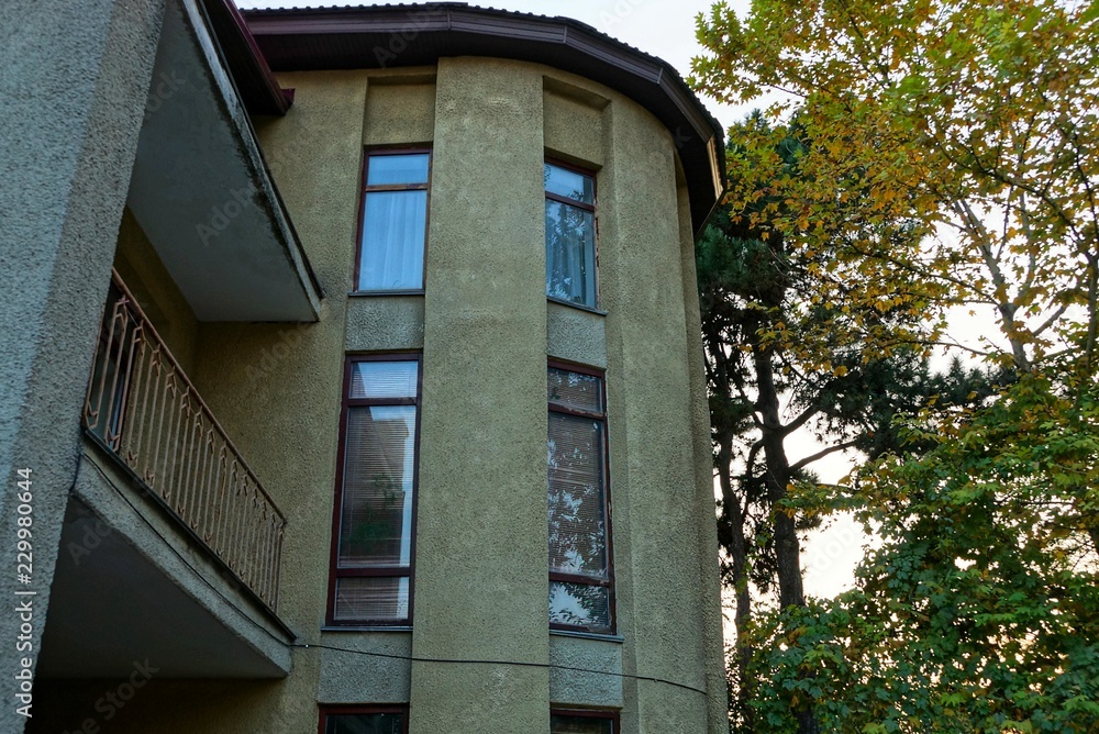 part of a brown house with windows and tree branches with leaves