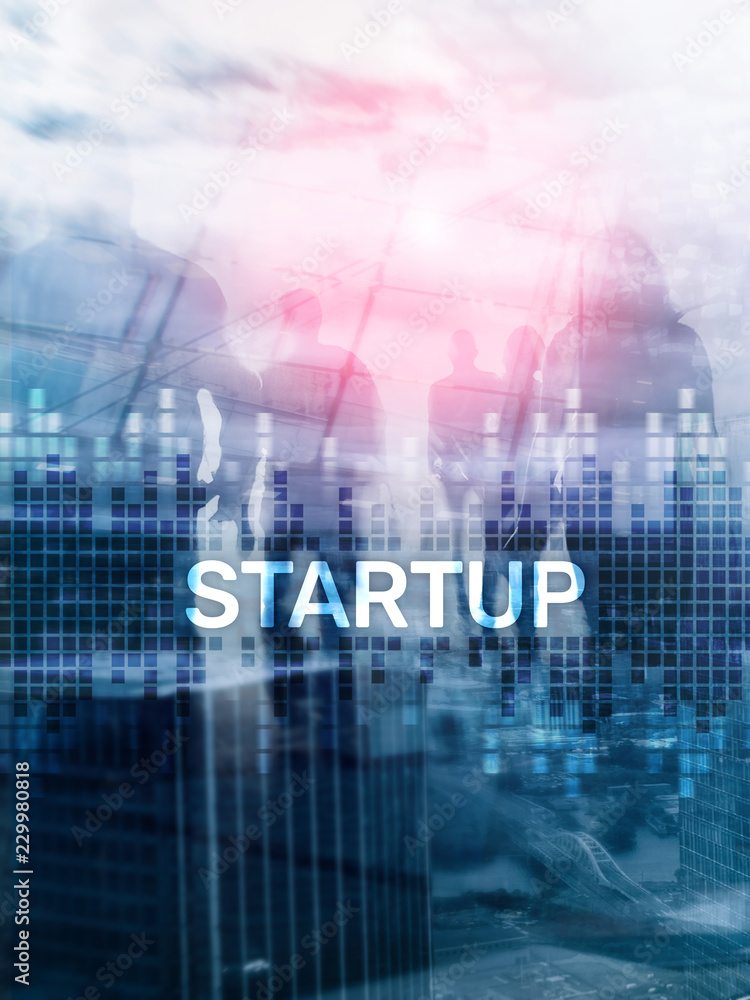 Startup concept with double exposure diagrams blurred background. Abstract Cover Design Vertical Format.
