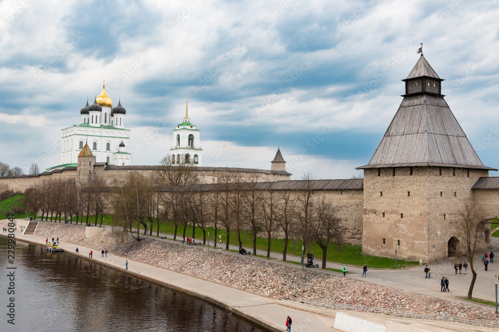 Old Pskov Kremlin. Embankment of the river Great and Pechora. Take a look. Travel to Russia.