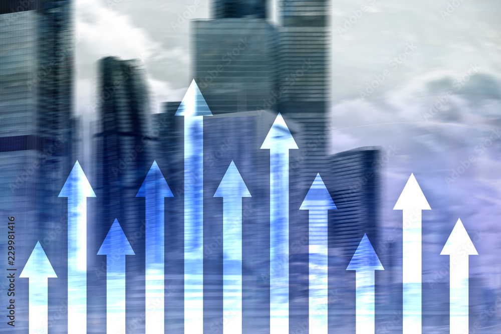Up arrow graph on skyscraper background. Invesment and financial growth concept. Up arrow graph on skyscraper background. Invesment and financial growth concept.