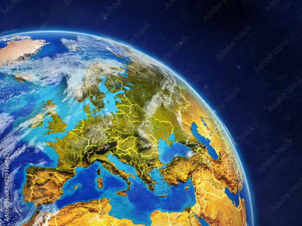 Europe from space. Planet Earth with country borders and extremely high detail of planet surface and clouds.