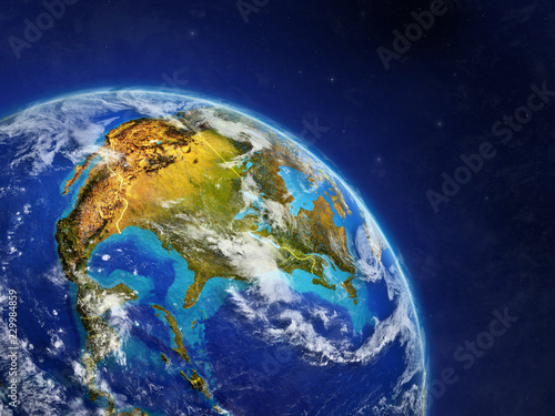 North America from space. Planet Earth with country borders and extremely high detail of planet surface and clouds.
