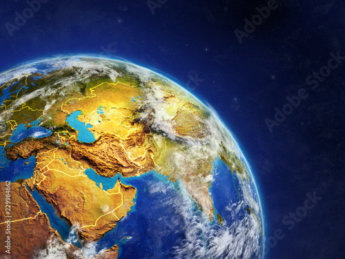 Asia from space. Planet Earth with country borders and extremely high detail of planet surface and clouds.