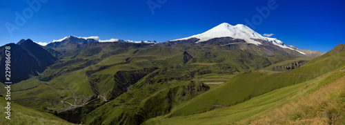 Snow on two peaks of Mount Elbrus. North Caucasus in Russia.
