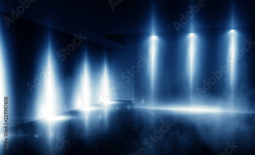 background of empty room at night, concrete floors and walls, neon light, fog, smoke, smog