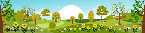 Panoramic of Countryside landscape in Spring  Vector illustration of horizontal banner of Summer landscape mountains with green field and summer flowers