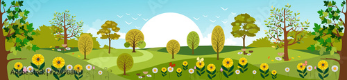 Panoramic of Countryside landscape in Spring, Vector illustration of horizontal banner of Summer landscape mountains with green field and summer flowers