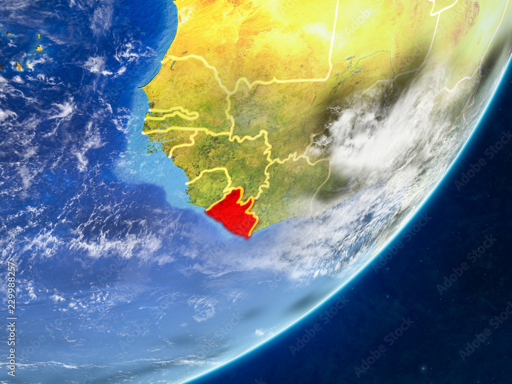 Fototapeta premium Liberia on model of planet Earth with country borders and very detailed planet surface and clouds.